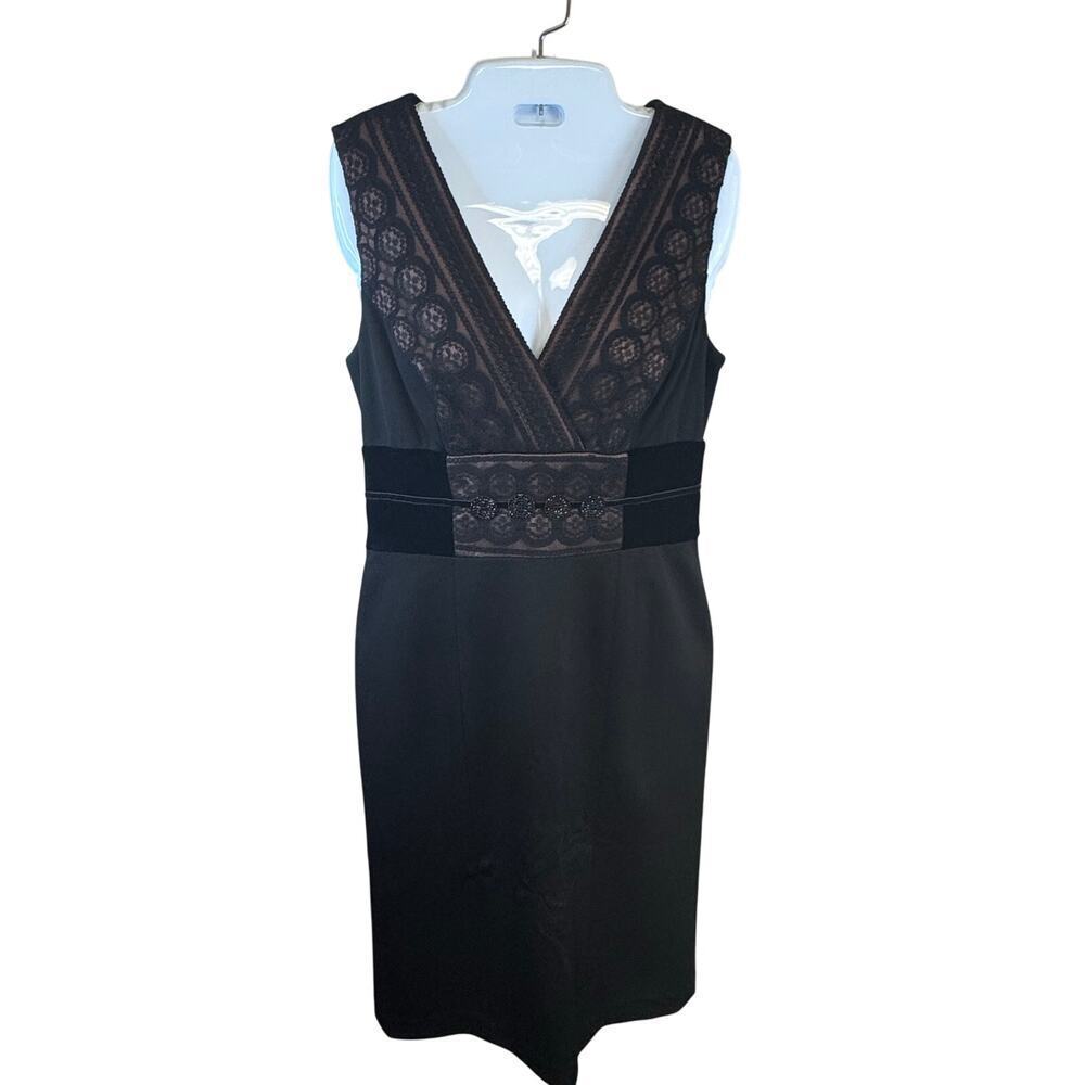 KAY UNGER Black Lace illusion Bodice V Neck Knee Length Cocktail Dress Women's 8